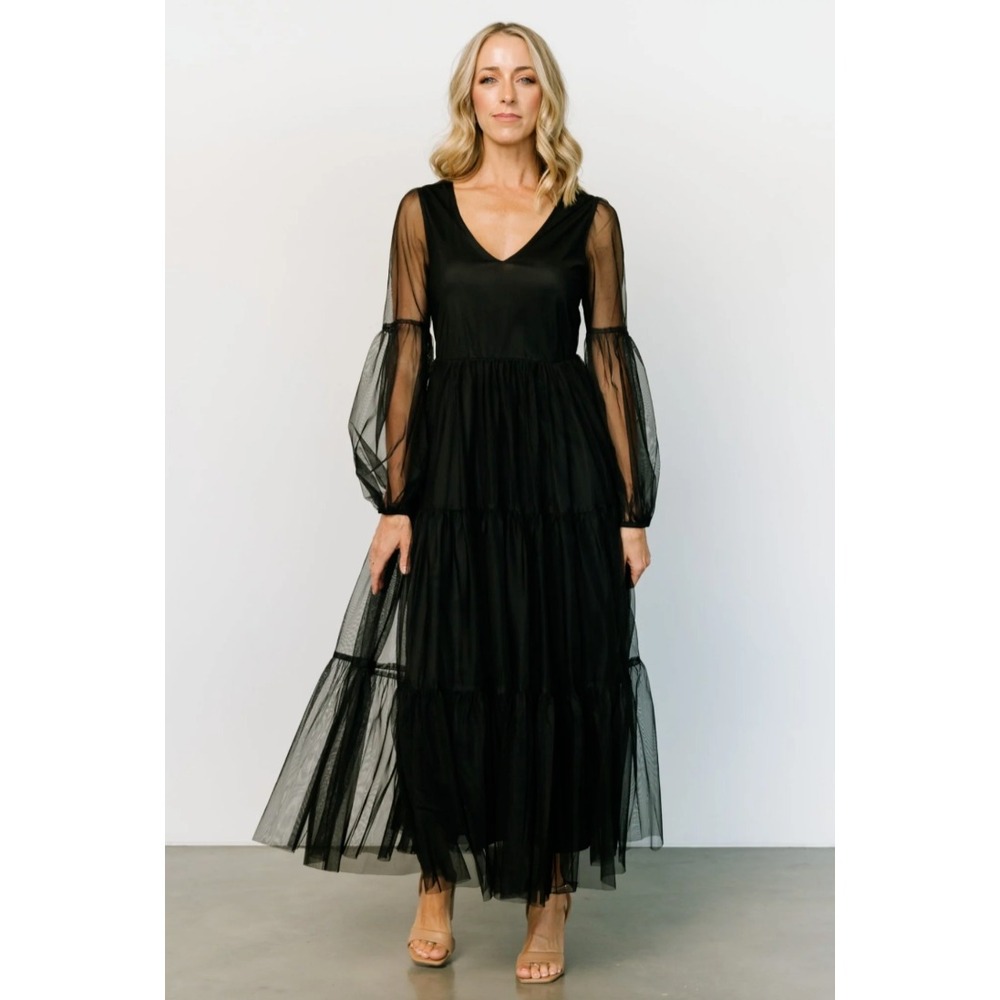 Baltic Born Hoffman Tulle Maxi Dress Women Sz M Black Sheer Sleeve Whimsigoth